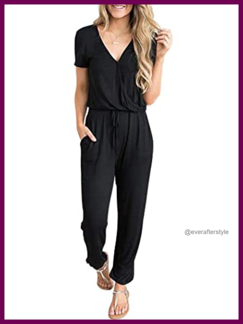 Short Sleeve V-Neck Wrap Jumpsuit with Drawstring Waist Pockets